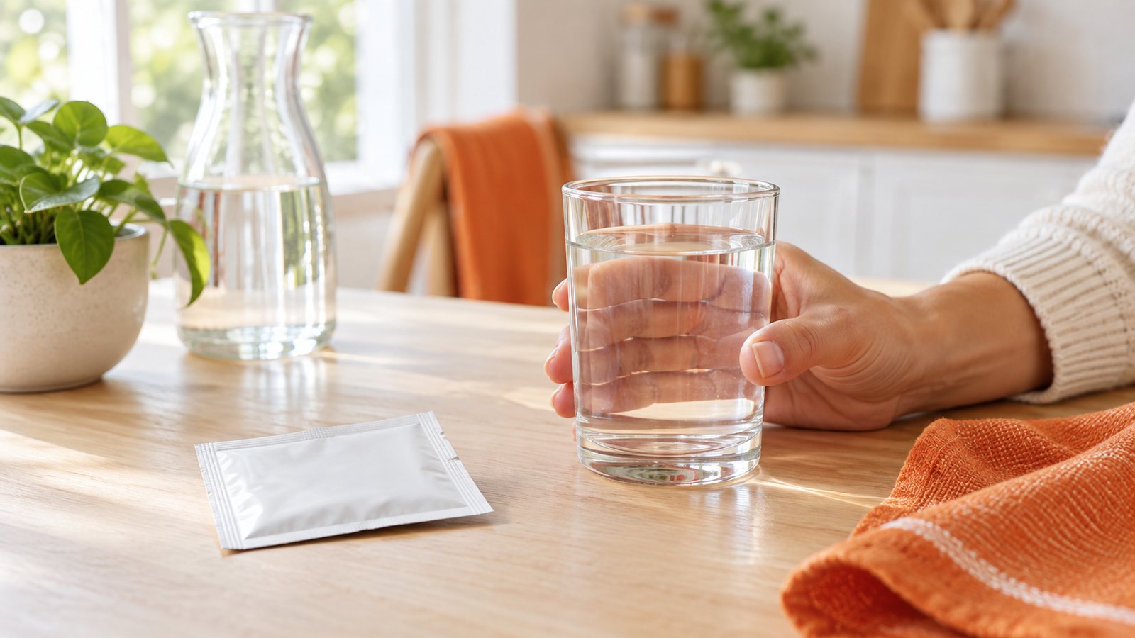 Sklenice rehydratačního nápoje a sáček s perorálním rehydratačním přípravkem